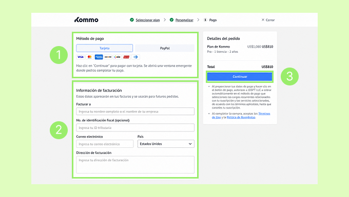 Payment method selection and billing information form for a subscription service.